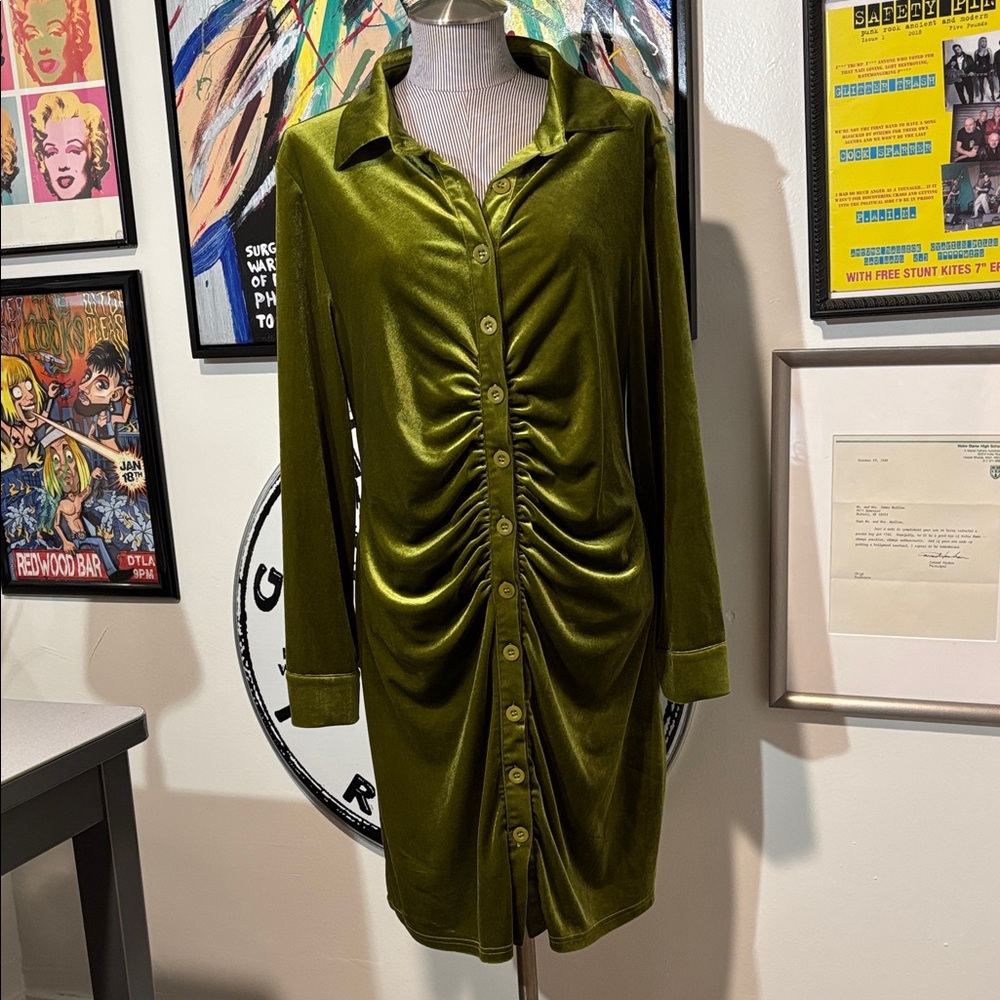 Shein Green Ruched Button-up Velvet Shirt Dress
